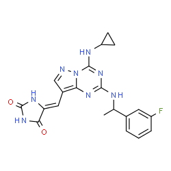 ChemSpider 2D Image | (5Z)-5-{[4-(Cyclopropylamino)-2-{[1-(3-fluorophenyl)ethyl]amino}pyrazolo[1,5-a][1,3,5]triazin-8-yl]methylene}-2,4-imidazolidinedione | C20H19FN8O2