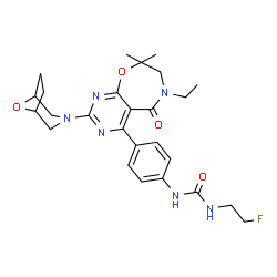 ChemSpider 2D Image | 1-{4-[6-Ethyl-8,8-dimethyl-2-(8-oxa-3-azabicyclo[3.2.1]oct-3-yl)-5-oxo-5,6,7,8-tetrahydropyrimido[5,4-f][1,4]oxazepin-4-yl]phenyl}-3-(2-fluoroethyl)urea | C26H33FN6O4