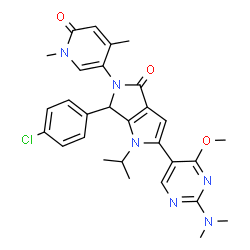 ChemSpider 2D Image | 6-(4-Chlorophenyl)-2-[2-(dimethylamino)-4-methoxy-5-pyrimidinyl]-5-(1,4-dimethyl-6-oxo-1,6-dihydro-3-pyridinyl)-1-isopropyl-5,6-dihydropyrrolo[3,4-b]pyrrol-4(1H)-one | C29H31ClN6O3