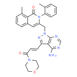 ChemSpider 2D Image | 3-({4-Amino-3-[(1E)-3-(4-morpholinyl)-3-oxo-1-propen-1-yl]-1H-pyrazolo[3,4-d]pyrimidin-1-yl}methyl)-8-methyl-2-(2-methylphenyl)-1(2H)-isoquinolinone | C30H29N7O3