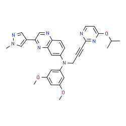 ChemSpider 2D Image | N-(3,5-Dimethoxyphenyl)-N-[3-(4-isopropoxy-2-pyrimidinyl)-2-propyn-1-yl]-3-(1-methyl-1H-pyrazol-4-yl)-6-quinoxalinamine | C30H29N7O3