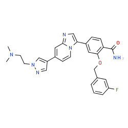 ChemSpider 2D Image | 4-(7-{1-[2-(Dimethylamino)ethyl]-1H-pyrazol-4-yl}imidazo[1,2-a]pyridin-3-yl)-2-[(3-fluorobenzyl)oxy]benzamide | C28H27FN6O2
