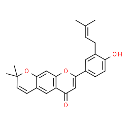 ChemSpider 2D Image | 8-[4-Hydroxy-3-(3-methyl-2-buten-1-yl)phenyl]-2,2-dimethyl-2H,6H-pyrano[3,2-g]chromen-6-one | C25H24O4