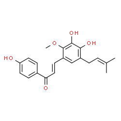 ChemSpider 2D Image | (2E)-3-[3,4-Dihydroxy-2-methoxy-5-(3-methyl-2-buten-1-yl)phenyl]-1-(4-hydroxyphenyl)-2-propen-1-one | C21H22O5