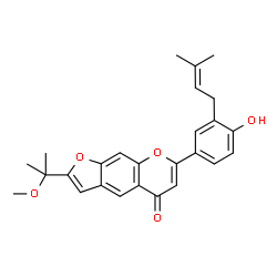ChemSpider 2D Image | 7-[4-Hydroxy-3-(3-methyl-2-buten-1-yl)phenyl]-2-(2-methoxy-2-propanyl)-5H-furo[3,2-g]chromen-5-one | C26H26O5