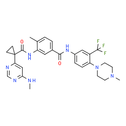 ChemSpider 2D Image | 4-Methyl-3-[({1-[6-(methylamino)-4-pyrimidinyl]cyclopropyl}carbonyl)amino]-N-[4-(4-methyl-1-piperazinyl)-3-(trifluoromethyl)phenyl]benzamide | C29H32F3N7O2