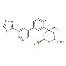 ChemSpider 2D Image | (4S,6S)-4-(Fluoromethyl)-4-{2-fluoro-5-[5-(1,3,4-oxadiazol-2-yl)-3-pyridinyl]phenyl}-6-(trifluoromethyl)-5,6-dihydro-4H-1,3-oxazin-2-amine | C19H14F5N5O2