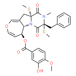 ChemSpider 2D Image | (3R,5aS,6S,11aR)-3-Benzyl-2-methyl-3,11a-bis(methylsulfanyl)-1,4-dioxo-1,2,3,4,5a,6,11,11a-octahydrooxepino[3',4':4,5]pyrrolo[1,2-a]pyrazin-6-yl 3-hydroxy-4-methoxybenzoate | C29H30N2O7S2