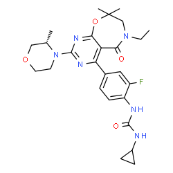 ChemSpider 2D Image | 1-Cyclopropyl-3-(4-{6-ethyl-8,8-dimethyl-2-[(3S)-3-methyl-4-morpholinyl]-5-oxo-5,6,7,8-tetrahydropyrimido[5,4-f][1,4]oxazepin-4-yl}-2-fluorophenyl)urea | C26H33FN6O4