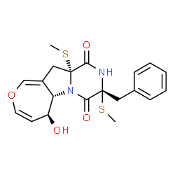 ChemSpider 2D Image | (3R,5aS,6S,11aR)-3-Benzyl-6-hydroxy-3,11a-bis(methylsulfanyl)-2,3,5a,6,11,11a-hexahydrooxepino[3',4':4,5]pyrrolo[1,2-a]pyrazine-1,4-dione | C20H22N2O4S2