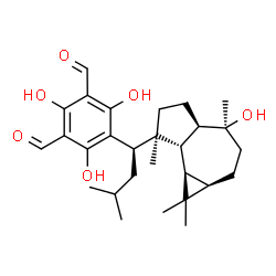 ChemSpider 2D Image | 2,4,6-Trihydroxy-5-{(1R)-1-[(1aR,4S,4aR,7S,7aS,7bR)-4-hydroxy-1,1,4,7-tetramethyldecahydro-1H-cyclopropa[e]azulen-7-yl]-3-methylbutyl}isophthalaldehyde | C28H40O6
