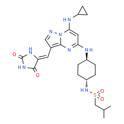 ChemSpider 2D Image | N-[trans-4-({7-(Cyclopropylamino)-3-[(Z)-(2,5-dioxo-4-imidazolidinylidene)methyl]pyrazolo[1,5-a]pyrimidin-5-yl}amino)cyclohexyl]-2-methyl-1-propanesulfonamide | C23H32N8O4S