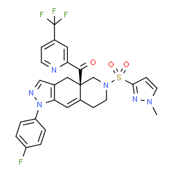 ChemSpider 2D Image | {(4aR)-1-(4-Fluorophenyl)-6-[(1-methyl-1H-pyrazol-3-yl)sulfonyl]-1,4,5,6,7,8-hexahydro-4aH-pyrazolo[3,4-g]isoquinolin-4a-yl}[4-(trifluoromethyl)-2-pyridinyl]methanone | C27H22F4N6O3S
