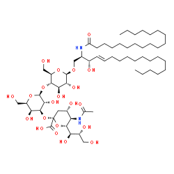 ChemSpider 2D Image | (2R,3S,4E)-3-Hydroxy-2-(stearoylamino)-4-octadecen-1-yl (6R)-5-acetamido-3,5-dideoxy-6-[(1R,2R)-1,2,3-trihydroxypropyl]-beta-L-threo-hex-2-ulopyranonosyl-(2->3)-beta-D-galactopyranosyl-(1->4)-beta-D-g
lucopyranoside | C59H108N2O21