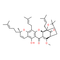 ChemSpider 2D Image | (1S,2S,8R,17S,19R)-12-Hydroxy-16-methoxy-8,21,21-trimethyl-5,19-bis(3-methyl-2-buten-1-yl)-8-(4-methyl-3-penten-1-yl)-3,7,20-trioxahexacyclo[15.4.1.0~2,15~.0~2,19~.0~4,13~.0~6,11~]docosa-4(13),5,9,11,
15-pentaene-14,18-dione | C39H48O7