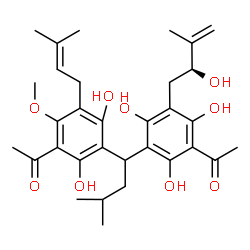 ChemSpider 2D Image | 1-(3-{1-[3-Acetyl-2,6-dihydroxy-4-methoxy-5-(3-methyl-2-buten-1-yl)phenyl]-3-methylbutyl}-2,4,6-trihydroxy-5-[(2S)-2-hydroxy-3-methyl-3-buten-1-yl]phenyl)ethanone | C32H42O9