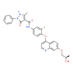 ChemSpider 2D Image | N-[3-Fluoro-4-({7-[(2R)-2-hydroxypropoxy]-4-quinolinyl}oxy)phenyl]-1,5-dimethyl-3-oxo-2-phenyl-2,3-dihydro-1H-pyrazole-4-carboxamide | C30H27FN4O5
