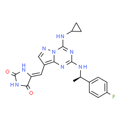 ChemSpider 2D Image | (5Z)-5-{[4-(Cyclopropylamino)-2-{[(1R)-1-(4-fluorophenyl)ethyl]amino}pyrazolo[1,5-a][1,3,5]triazin-8-yl]methylene}-2,4-imidazolidinedione | C20H19FN8O2