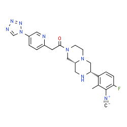 ChemSpider 2D Image | 1-[(7S,9aR)-7-(4-Fluoro-3-isocyano-2-methylphenyl)octahydro-2H-pyrazino[1,2-a]pyrazin-2-yl]-2-[5-(1H-tetrazol-1-yl)-2-pyridinyl]ethanone | C23H24FN9O