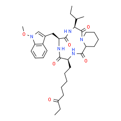 ChemSpider 2D Image | (3S,6S,9S)-9-[(2S)-2-Butanyl]-6-[(1-methoxy-1H-indol-3-yl)methyl]-3-(6-oxooctyl)octahydro-2H-pyrido[1,2-a][1,4,7,10]tetraazacyclododecine-1,4,7,10(3H,12H)-tetrone | C34H49N5O6