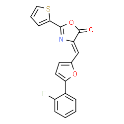 ChemSpider 2D Image | (4Z)-4-{[5-(2-Fluorophenyl)-2-furyl]methylene}-2-(2-thienyl)-1,3-oxazol-5(4H)-one | C18H10FNO3S