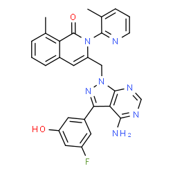 ChemSpider 2D Image | 3-{[4-Amino-3-(3-fluoro-5-hydroxyphenyl)-1H-pyrazolo[3,4-d]pyrimidin-1-yl]methyl}-8-methyl-2-(3-methyl-2-pyridinyl)-1(2H)-isoquinolinone | C28H22FN7O2