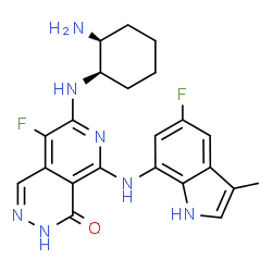 ChemSpider 2D Image | 7-{[(1R,2S)-2-Aminocyclohexyl]amino}-8-fluoro-5-[(5-fluoro-3-methyl-1H-indol-7-yl)amino]pyrido[3,4-d]pyridazin-4(3H)-one | C22H23F2N7O