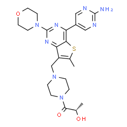 ChemSpider 2D Image | (2S)-1-(4-{[4-(2-Amino-5-pyrimidinyl)-6-methyl-2-(4-morpholinyl)thieno[3,2-d]pyrimidin-7-yl]methyl}-1-piperazinyl)-2-hydroxy-1-propanone | C23H30N8O3S