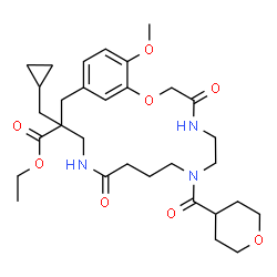 ChemSpider 2D Image | Ethyl 15-(cyclopropylmethyl)-20-methoxy-4,12-dioxo-8-(tetrahydro-2H-pyran-4-ylcarbonyl)-2-oxa-5,8,13-triazabicyclo[15.3.1]henicosa-1(21),17,19-triene-15-carboxylate | C31H45N3O8