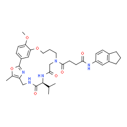 ChemSpider 2D Image | N-(2,3-Dihydro-1H-inden-5-yl)-4-[(9S)-9-isopropyl-19-methoxy-4-methyl-8,11-dioxo-3,17-dioxa-7,10,13,23-tetraazatricyclo[16.3.1.1~2,5~]tricosa-1(22),2(23),4,18,20-pentaen-13-yl]-4-oxobutanamide | C35H43N5O7