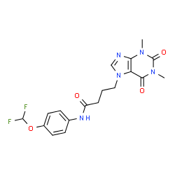 ChemSpider 2D Image | N-[4-(Difluoromethoxy)phenyl]-4-(1,3-dimethyl-2,6-dioxo-1,2,3,6-tetrahydro-7H-purin-7-yl)butanamide | C18H19F2N5O4