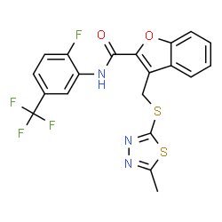 ChemSpider 2D Image | N-[2-Fluoro-5-(trifluoromethyl)phenyl]-3-{[(5-methyl-1,3,4-thiadiazol-2-yl)sulfanyl]methyl}-1-benzofuran-2-carboxamide | C20H13F4N3O2S2