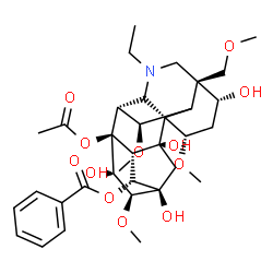 ChemSpider 2D Image | (1alpha,3alpha,5xi,6beta,15alpha,16beta)-8-Acetoxy-20-ethyl-3,10,13,15-tetrahydroxy-1,6,16-trimethoxy-4-(methoxymethyl)aconitan-14-yl benzoate | C34H47NO12