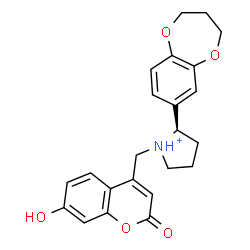 ChemSpider 2D Image | (2R)-2-(3,4-Dihydro-2H-1,5-benzodioxepin-7-yl)-1-[(7-hydroxy-2-oxo-2H-chromen-4-yl)methyl]pyrrolidinium | C23H24NO5