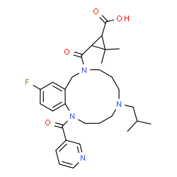 ChemSpider 2D Image | 3-{[12-Fluoro-5-isobutyl-1-(3-pyridinylcarbonyl)-1,3,4,5,6,7,8,10-octahydro-1,5,9-benzotriazacyclododecin-9(2H)-yl]carbonyl}-2,2-dimethylcyclopropanecarboxylic acid | C30H39FN4O4