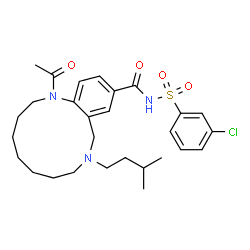 ChemSpider 2D Image | 1-Acetyl-N-[(3-chlorophenyl)sulfonyl]-9-(3-methylbutyl)-1,2,3,4,5,6,7,8,9,10-decahydro-1,9-benzodiazacyclododecine-12-carboxamide | C28H38ClN3O4S