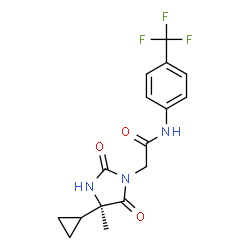 ChemSpider 2D Image | 2-[(4R)-4-Cyclopropyl-4-methyl-2,5-dioxo-1-imidazolidinyl]-N-[4-(trifluoromethyl)phenyl]acetamide | C16H16F3N3O3