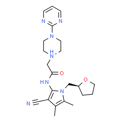 ChemSpider 2D Image | 1-[2-({3-Cyano-4,5-dimethyl-1-[(2S)-tetrahydro-2-furanylmethyl]-1H-pyrrol-2-yl}amino)-2-oxoethyl]-4-(2-pyrimidinyl)piperazin-1-ium | C22H30N7O2