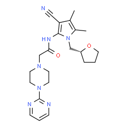 ChemSpider 2D Image | N-{3-Cyano-4,5-dimethyl-1-[(2R)-tetrahydro-2-furanylmethyl]-1H-pyrrol-2-yl}-2-[4-(2-pyrimidinyl)-1-piperazinyl]acetamide | C22H29N7O2