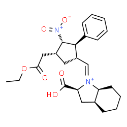 ChemSpider 2D Image | (1Z,2S,3aS,7aS)-2-Carboxy-1-{[(1R,2R,3S,4R)-4-(2-ethoxy-2-oxoethyl)-3-nitro-2-phenylcyclopentyl]methylene}octahydro-1H-indolium | C25H33N2O6