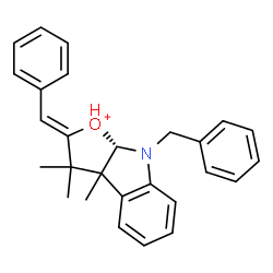 ChemSpider 2D Image | (2Z,8aS)-8-Benzyl-2-benzylidene-3,3,3a-trimethyl-3,3a,8,8a-tetrahydro-2H-furo[2,3-b]indol-1-ium | C27H28NO