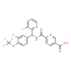 ChemSpider 2D Image | 6-({(3-Fluoro-2-pyridinyl)[3-fluoro-4-(trifluoromethoxy)phenyl]methyl}carbamoyl)nicotinic acid | C20H12F5N3O4
