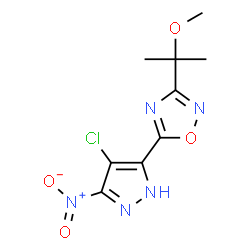 ChemSpider 2D Image | 5-(4-Chloro-3-nitro-1H-pyrazol-5-yl)-3-(2-methoxy-2-propanyl)-1,2,4-oxadiazole | C9H10ClN5O4
