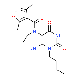 ChemSpider 2D Image | N-(6-Amino-1-butyl-2,4-dioxo-1,2,3,4-tetrahydro-5-pyrimidinyl)-N-ethyl-3,5-dimethyl-1,2-oxazole-4-carboxamide | C16H23N5O4