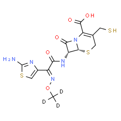 ChemSpider 2D Image | (6R,7R)-7-{[(2E)-2-(2-Amino-1,3-thiazol-4-yl)-2-{[(~2~H_3_)methyloxy]imino}acetyl]amino}-8-oxo-3-(sulfanylmethyl)-5-thia-1-azabicyclo[4.2.0]oct-2-ene-2-carboxylic acid | C14H12D3N5O5S3