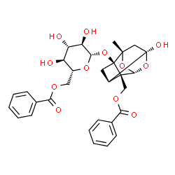 ChemSpider 2D Image | {(1R,2S,3R,5R,6R,8S)-3-[(6-O-Benzoyl-beta-D-glucopyranosyl)oxy]-6-hydroxy-8-methyl-9,10-dioxatetracyclo[4.3.1.0~2,5~.0~3,8~]dec-2-yl}methyl benzoate | C30H32O12