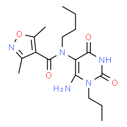 ChemSpider 2D Image | N-(6-Amino-2,4-dioxo-1-propyl-1,2,3,4-tetrahydro-5-pyrimidinyl)-N-butyl-3,5-dimethyl-1,2-oxazole-4-carboxamide | C17H25N5O4