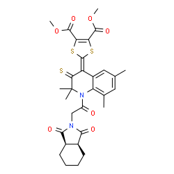 ChemSpider 2D Image | Dimethyl 2-[1-{[(3aR,7aS)-1,3-dioxooctahydro-2H-isoindol-2-yl]acetyl}-2,2,6,8-tetramethyl-3-thioxo-2,3-dihydro-4(1H)-quinolinylidene]-1,3-dithiole-4,5-dicarboxylate | C30H32N2O7S3