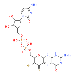 ChemSpider 2D Image | 4-Amino-1-{5-O-[({[(2-amino-4-oxo-7-sulfanyl-6-thioxo-1,3,4,6,7,8,9a,10-octahydro-2H-pyrano[3,2-g]pteridin-8-yl)methoxy](hydroxy)phosphoryl}oxy)(hydroxy)phosphoryl]pentofuranosyl}-2(1H)-pyrimidinone | C19H26N8O13P2S2