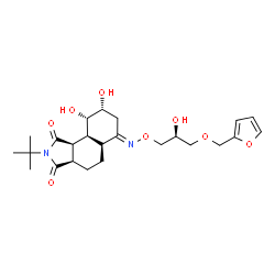 ChemSpider 2D Image | (3aR,5aS,6E,8R,9S,9aS,9bS)-6-{[(2S)-3-(2-Furylmethoxy)-2-hydroxypropoxy]imino}-8,9-dihydroxy-2-(2-methyl-2-propanyl)decahydro-1H-benzo[e]isoindole-1,3(2H)-dione | C24H34N2O8